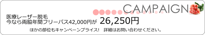 医療レーザー脱毛 今なら両脇脱毛年間フリーパス42,000円が26,250円!お問い合わせはこちらです。 医療レーザー脱毛 今なら両脇脱毛年間フリーパス42,000円が26,250円!