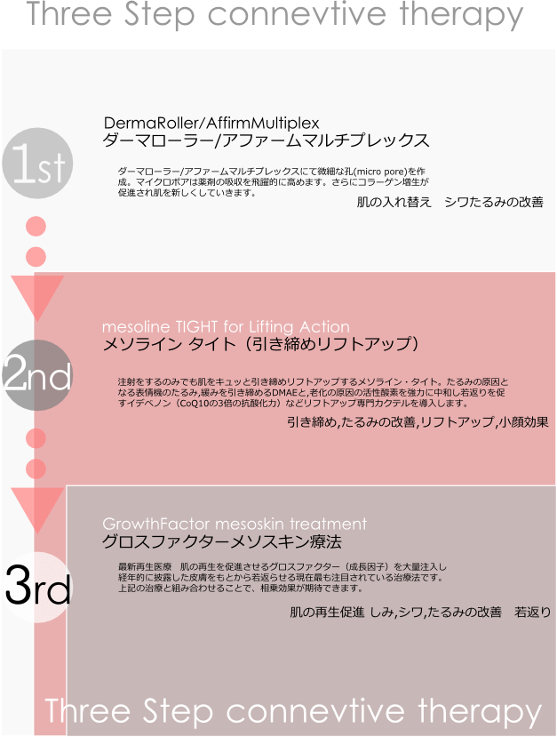 3ステップセラピーで 肌質の改善からたるみの改善まで若返り治療のすべてを凝縮 3ステップセラピーで 肌質の改善からたるみの改善まで若返り治療のすべてを凝縮