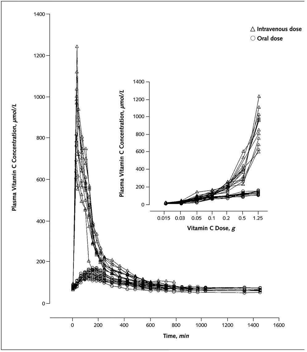 血中ビタミンC濃度　経口投与と静脈投与の比較