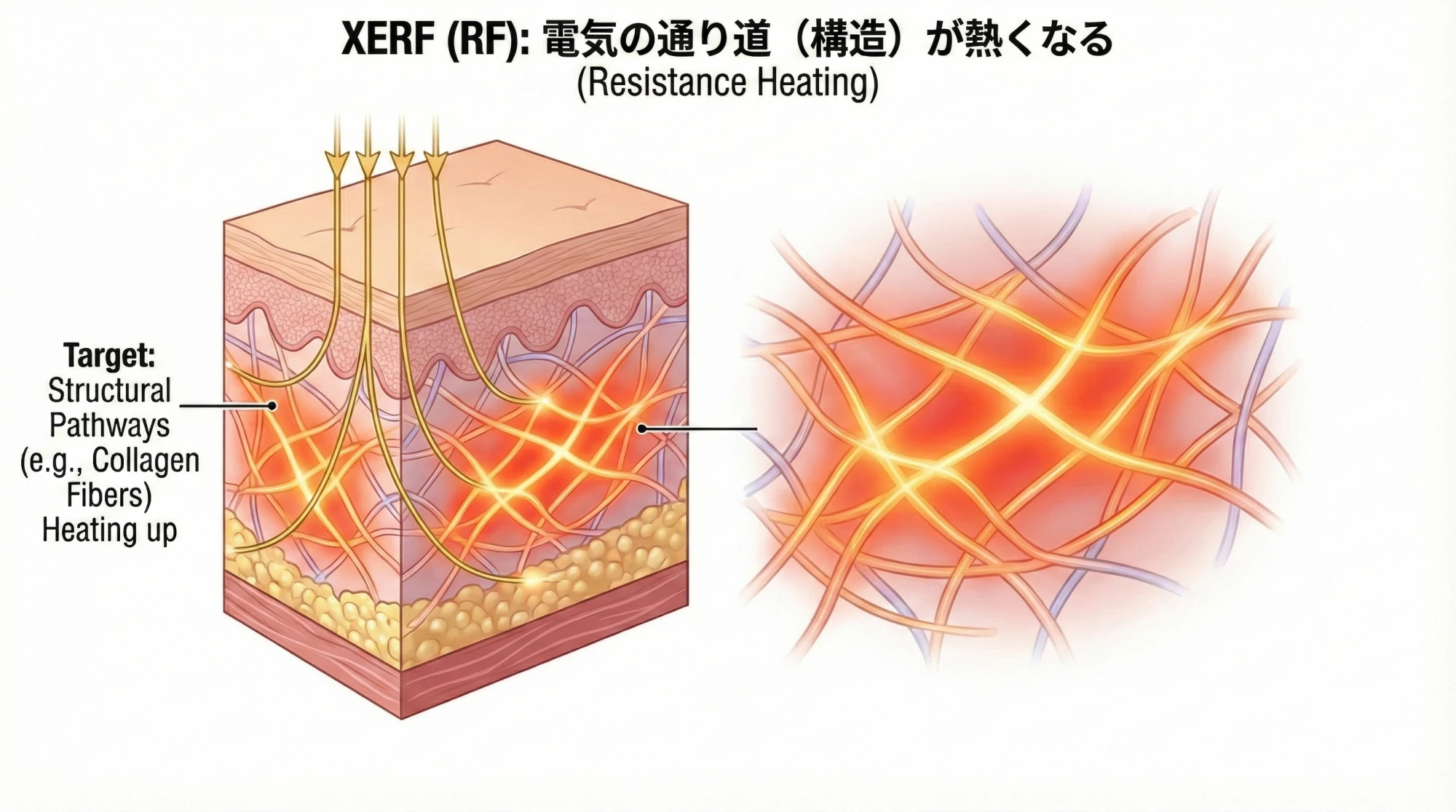 高周波RFのたるみ治療では、電気の通り道が厚くなる