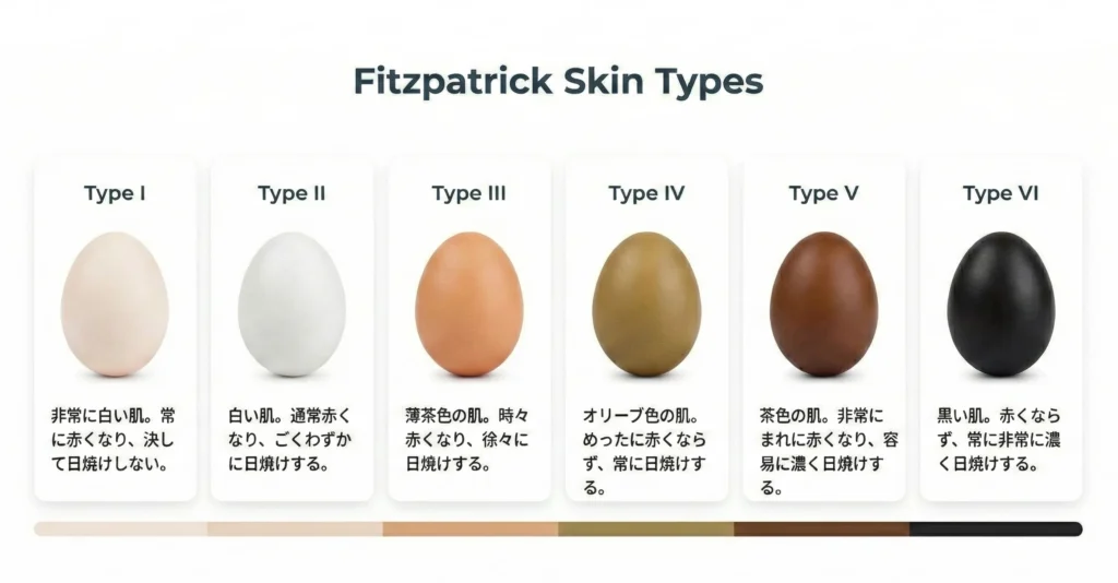 フィッツパトリック分類 スキンタイプI〜VIの肌の色の目安