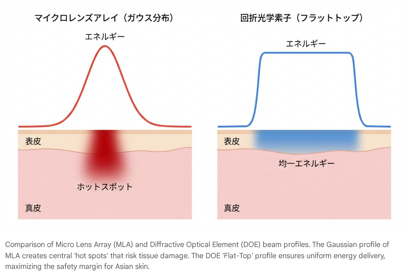 従来のフラクショナルレーザー（MLA）は中心部に過剰な影響が出るため、痛みやダウンタイムの原因となります。