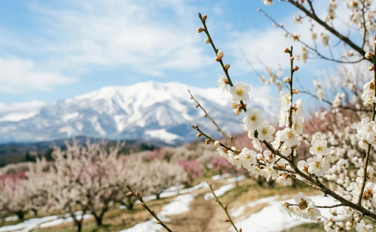 残雪がある山と梅の花