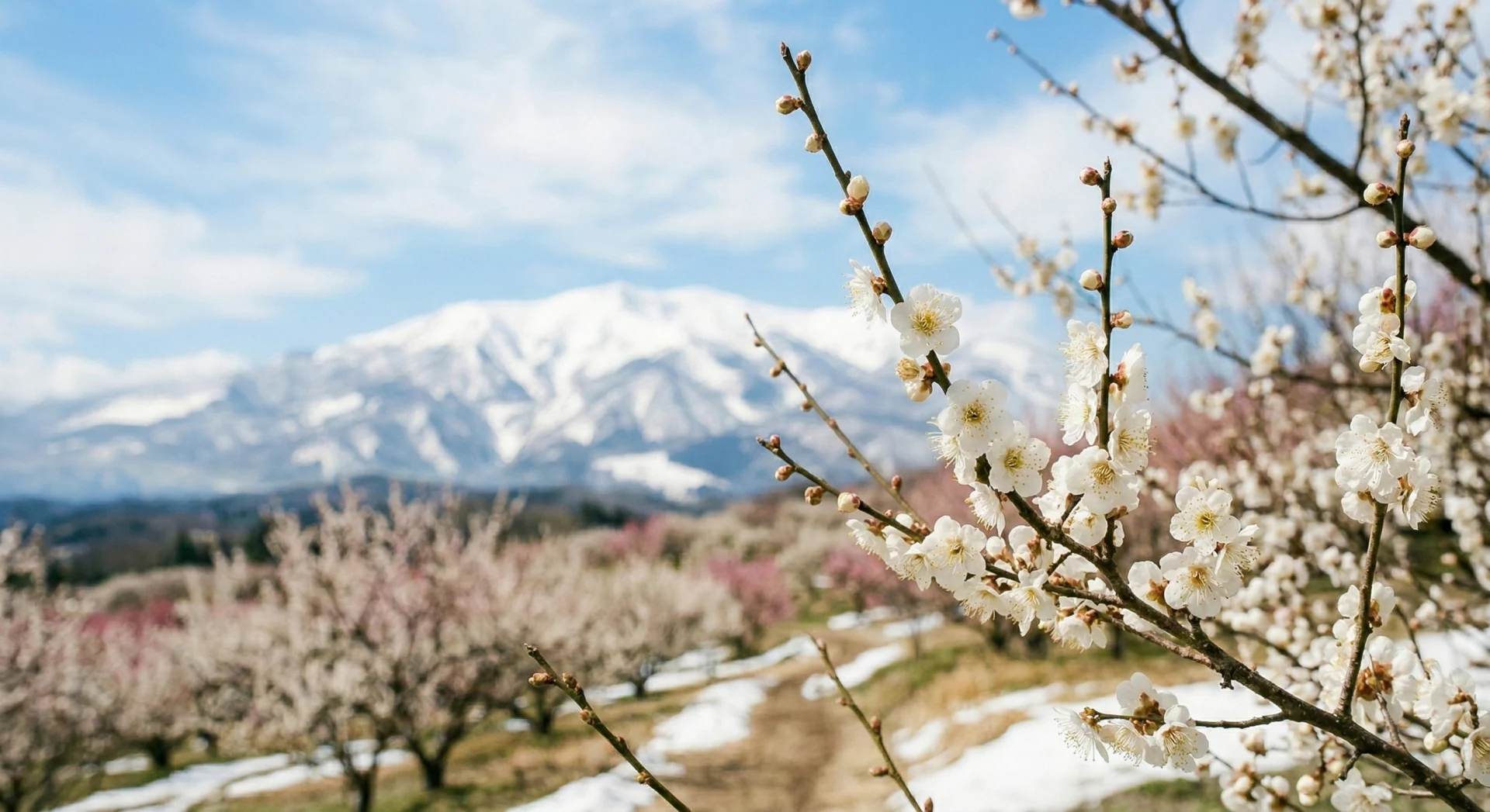 残雪がある山と梅の花