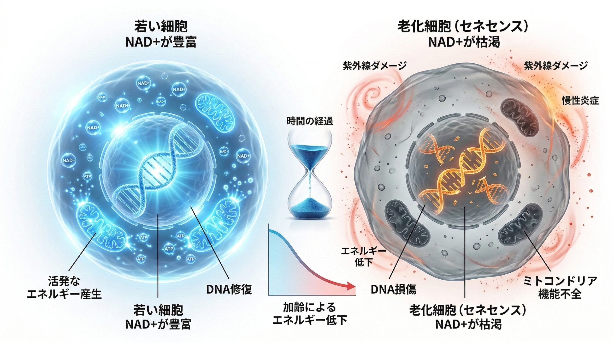 「加齢に伴うNAD+の枯渇と細胞老化（セネセンス）」のメカニズムを解説