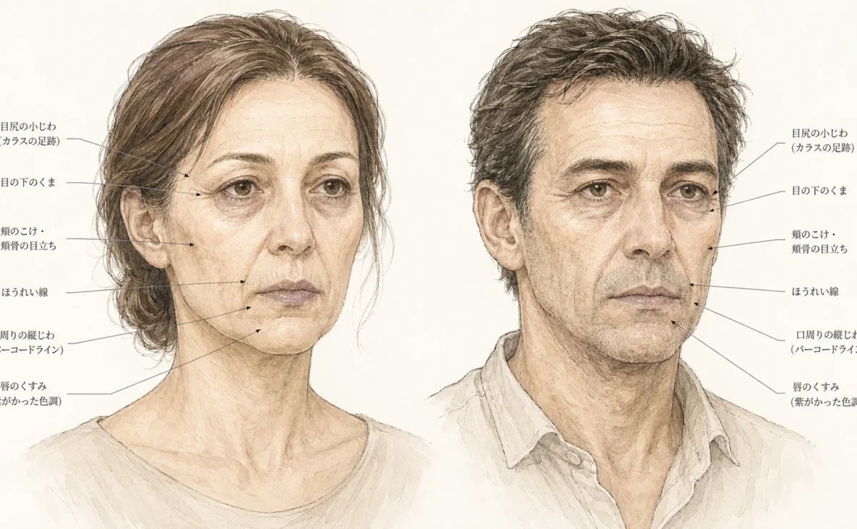 スモーカーズフェイスの特徴を示すイラスト ─ 男女の顔に現れるしわ・くすみ・色素沈着などの解説図