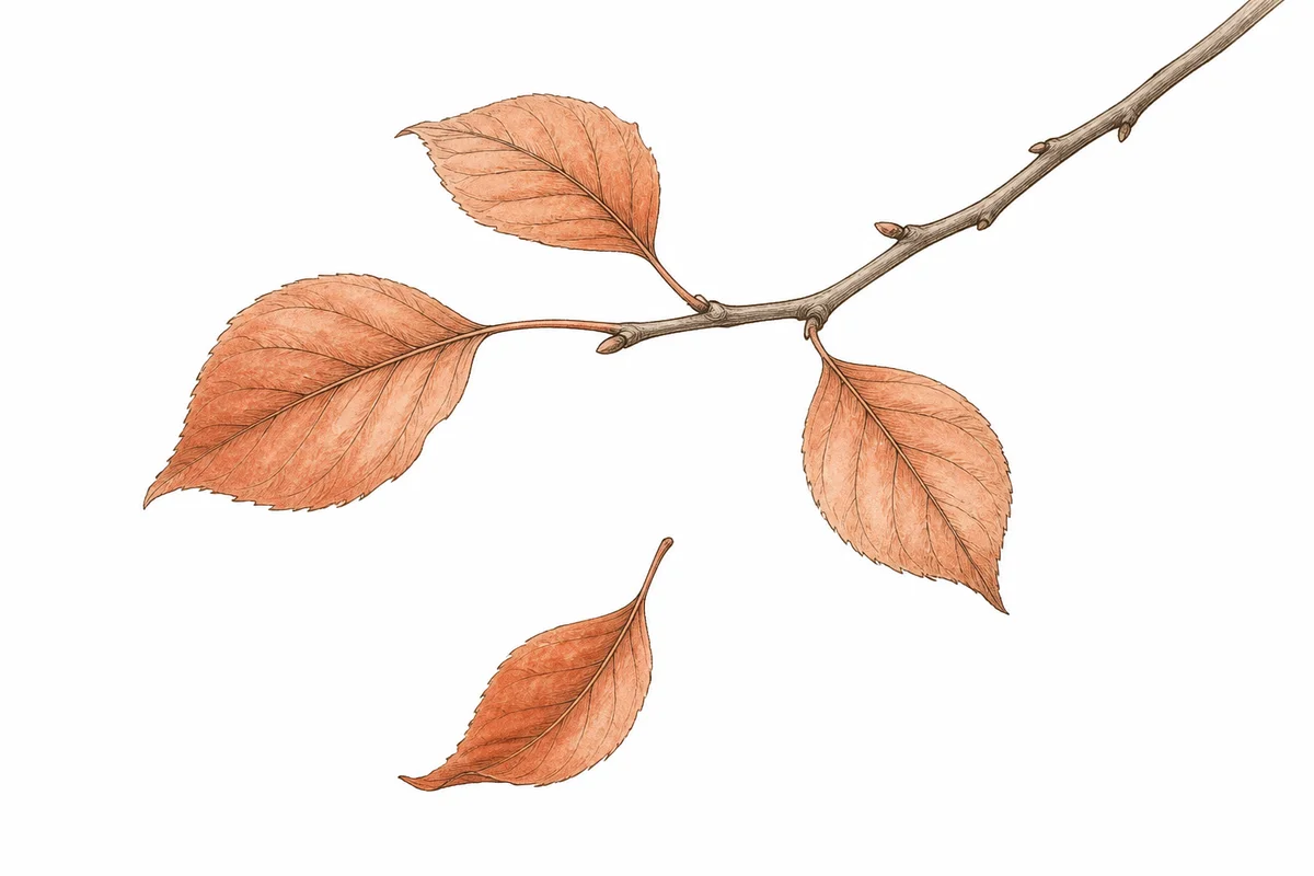 枝に残る葉と、離れて舞い落ちる一枚を描いたイラスト。葉が付いていた跡が枝に残っている