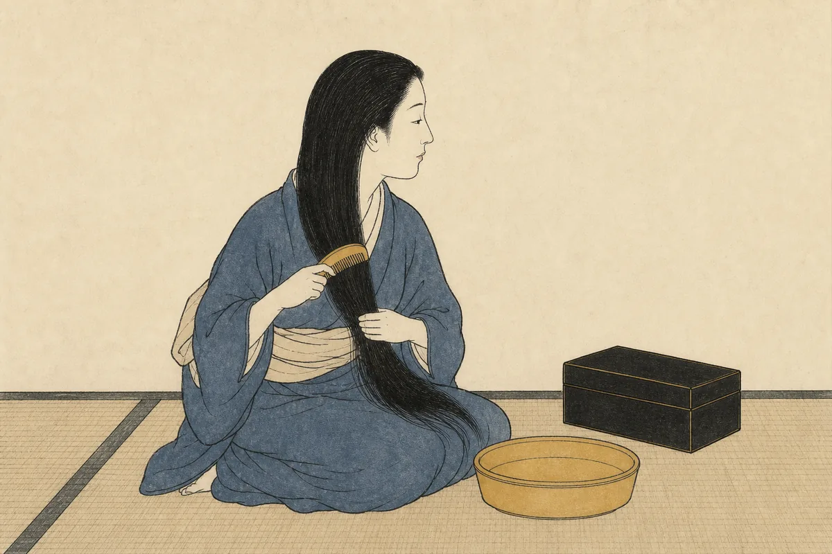 江戸時代の女性が畳の上に座り、長い髪を木の櫛で梳いている様子を描いた木版画風のイラスト