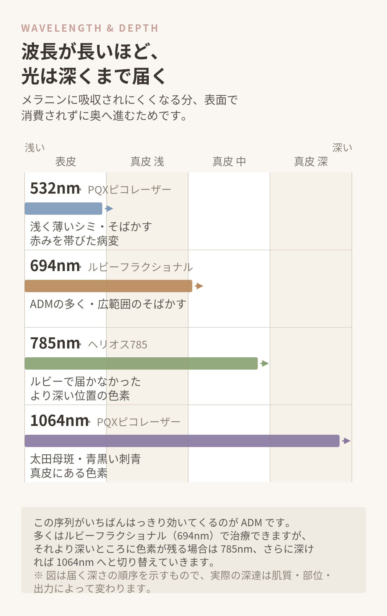 波長ごとに光が皮ふのどこまで届くかを比べた図。532nmは表皮まで、694nm(ルビーフラクショナル)は真皮浅層、785