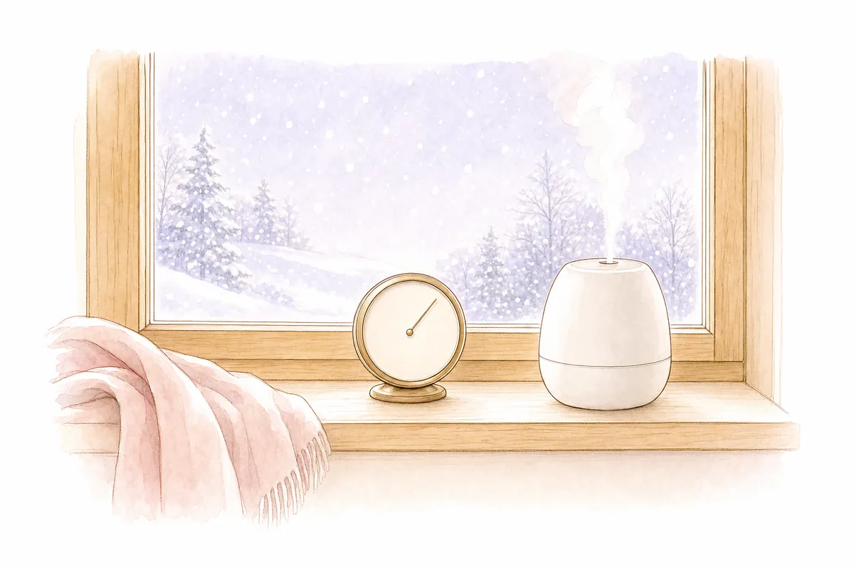 雪の見える窓辺に置いた、湿度計と加湿器のイラスト