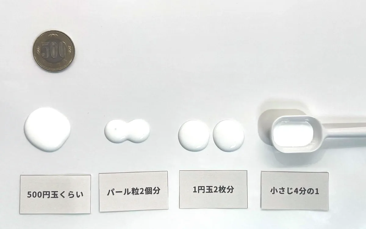 500円玉くらい・パール粒2個分・1円玉2枚分・小さじ4分の1の量で出したクリーム状の日焼け止めと、比べるための500円玉