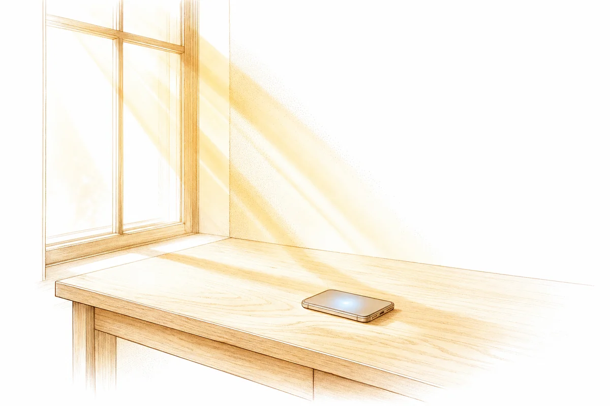 窓から差しこむ日差しと、机の上のスマホのイラスト。画面の光は、日差しに比べてごく小さい